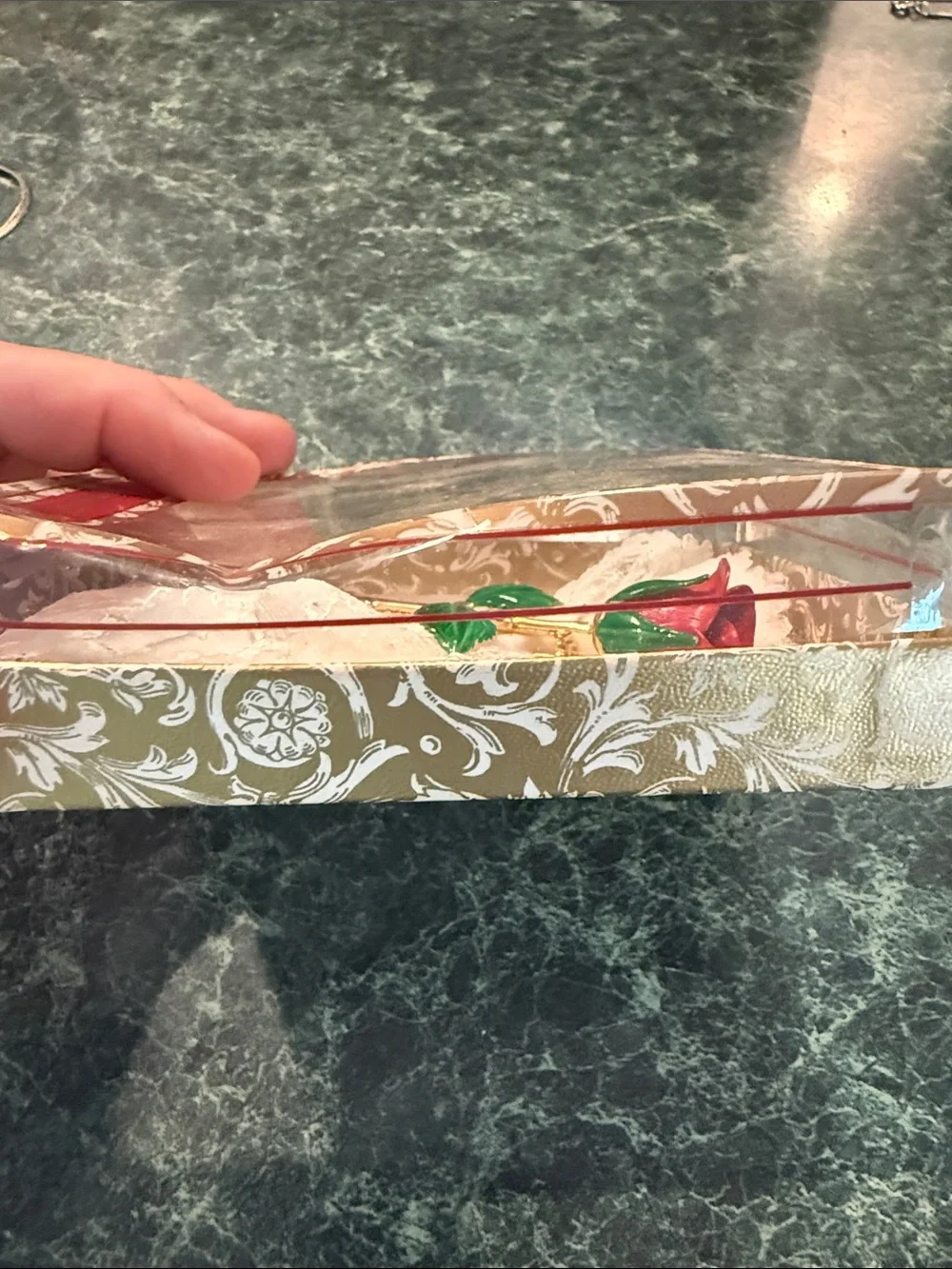 Vintage Red Rose Brooch Pin & Lace Handkerchief Boxed Set New Old Stock NOS